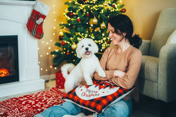Happy woman at home with lovely dog during Christmas